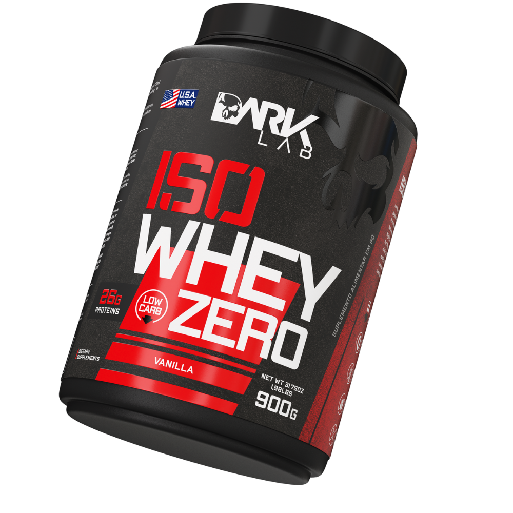 Pote com 900g de proteína isolada pura no produto Iso Whey Protein Low Carb Zero sabor Baunilha da Dark Lab