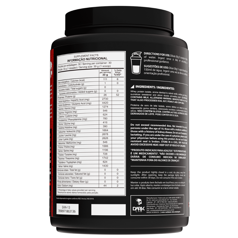 Informações nutricionais do pote de 900g de Proteína Isolada Pura - Whey Low Carb da Dark Lab 