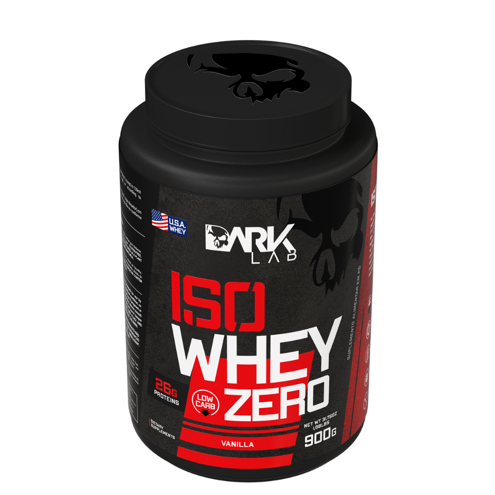 Pote de 900g do Iso Whey Zero, a proteína low carb isolada da Dark Lab, mostrando o detalhe da logo da marca na tampa da embalagem.