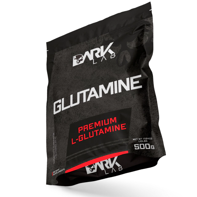 Embalagem da L-glutamina da Dark Lab com a logo da marca no fundo do pacote de 500g