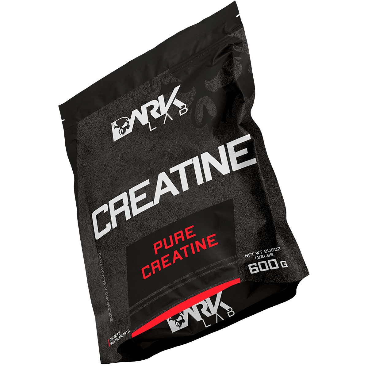Pacote com 600g de creatina pura monohidratada mostrando o detalhe do fundo da embalagem com a logo da Dark Lab