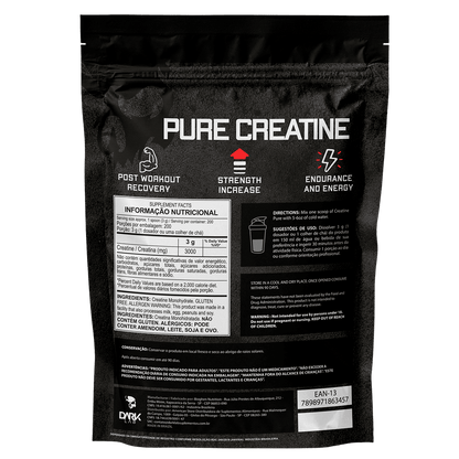 Parte de trás da embalagem de 600g da creatina pura da Dark Lab com informações nutricionais da creatina, modo de preparo, benefícios, composição e outros detalhes