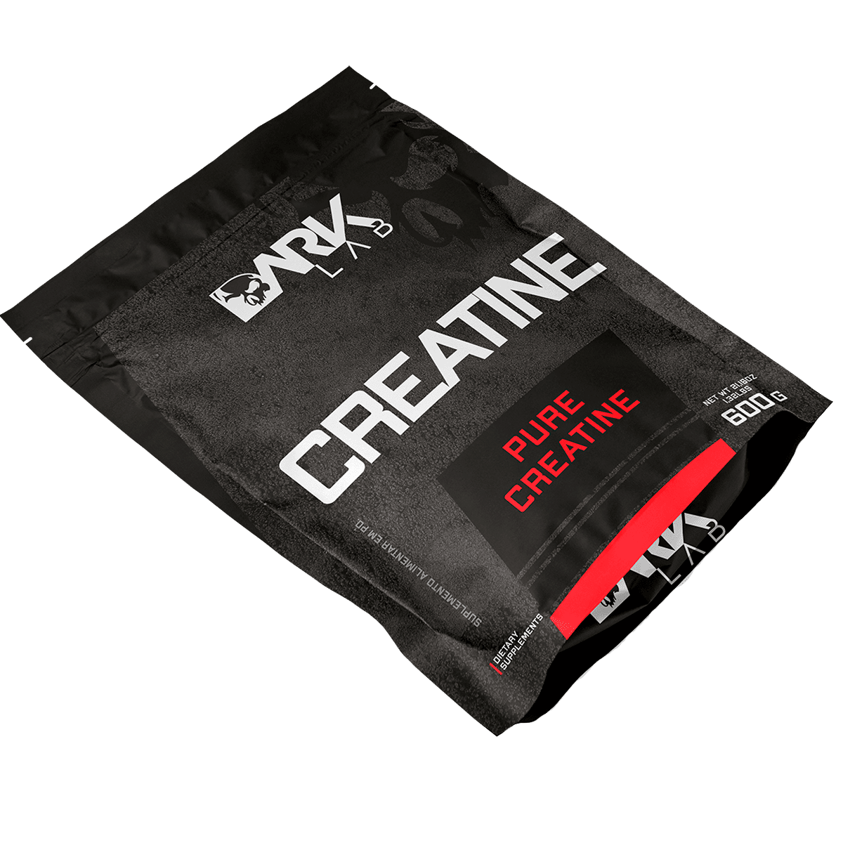 Embalagem do refil de 600g deitada da creatina pura da Dark Lab mostrando a logo da marca no fundo do pacote.