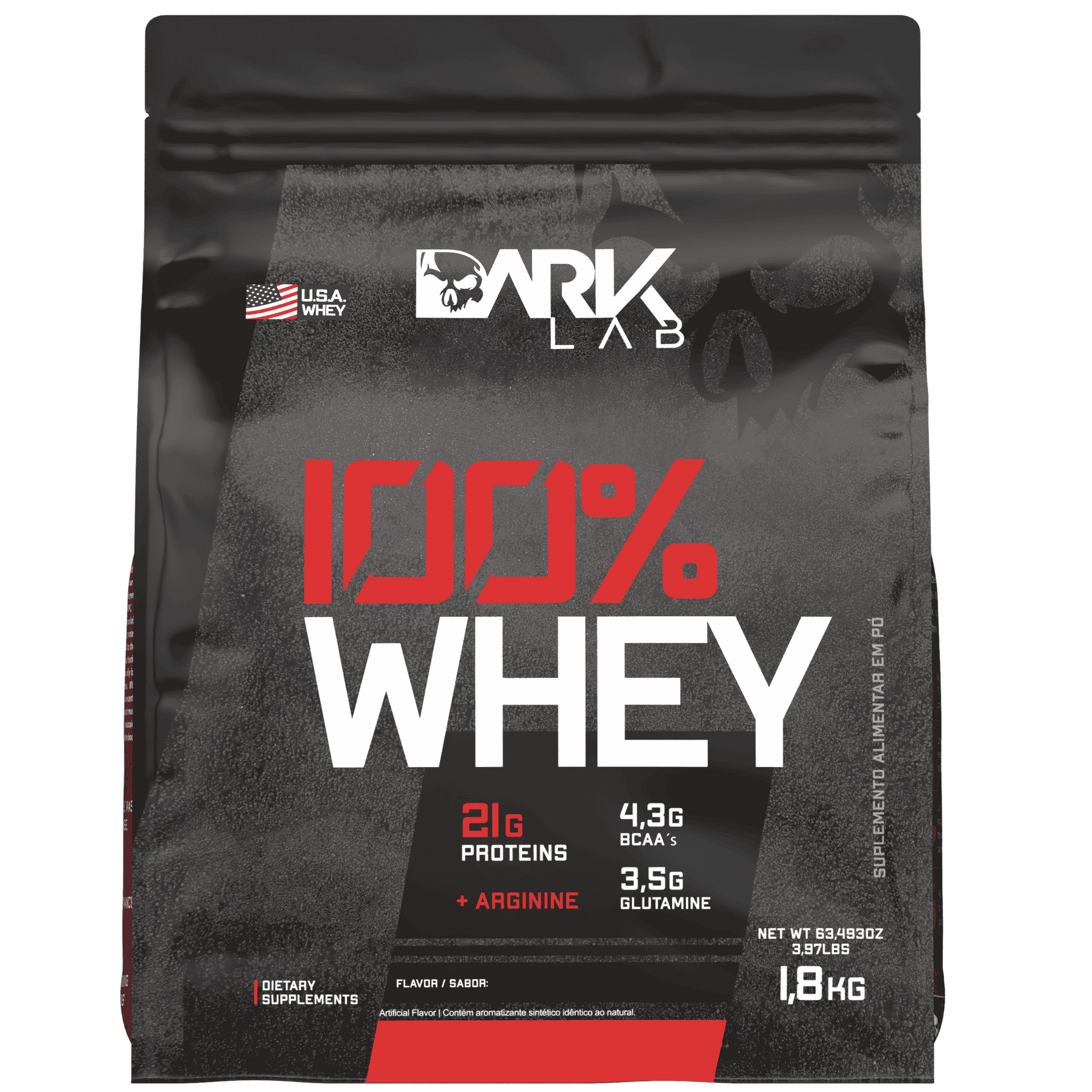 Embalagem de 1,8k de whey protein 100% da marca Dark Lab