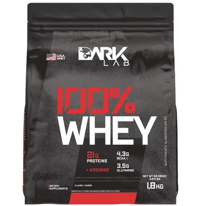 Embalagem de 1,8k de whey protein 100% da marca Dark Lab