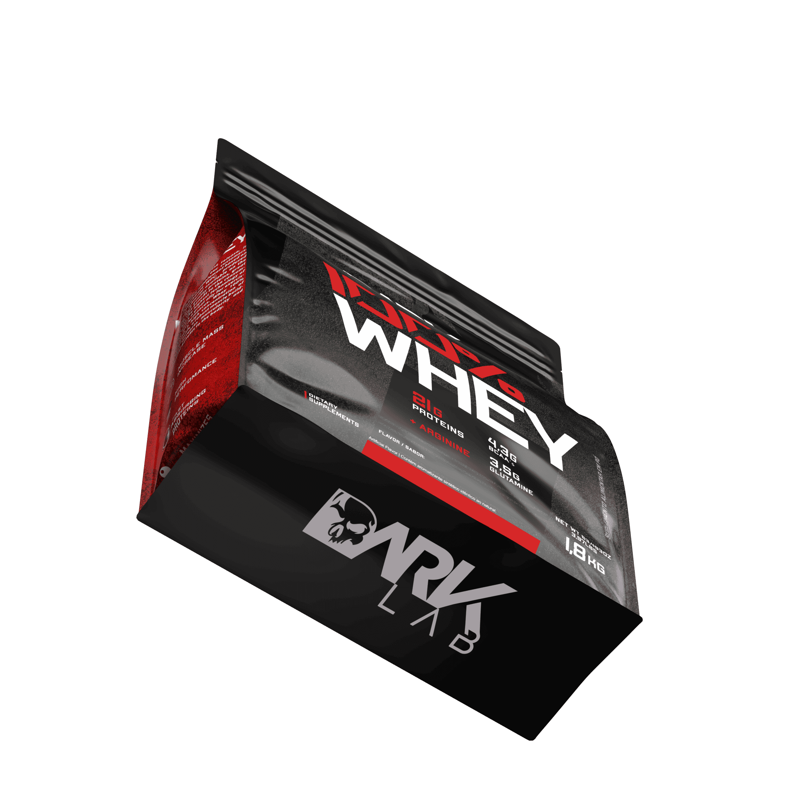 Detalhe mostrando a logo da Dark Lab no fundo da embalagem de 1,8k de whey protein 100%