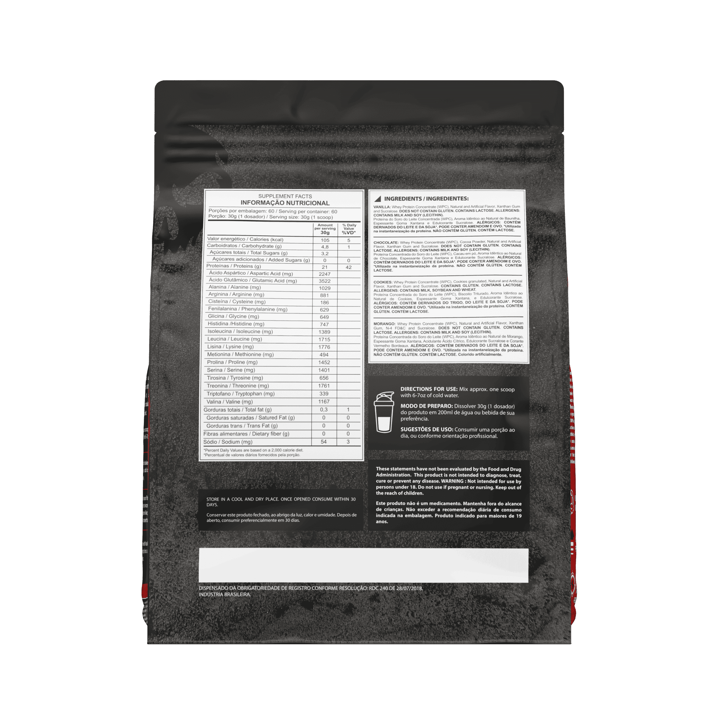 Parte de trás com informações nutricionais da embalagem de 1,8k de whey protein 100% da marca Dark Lab