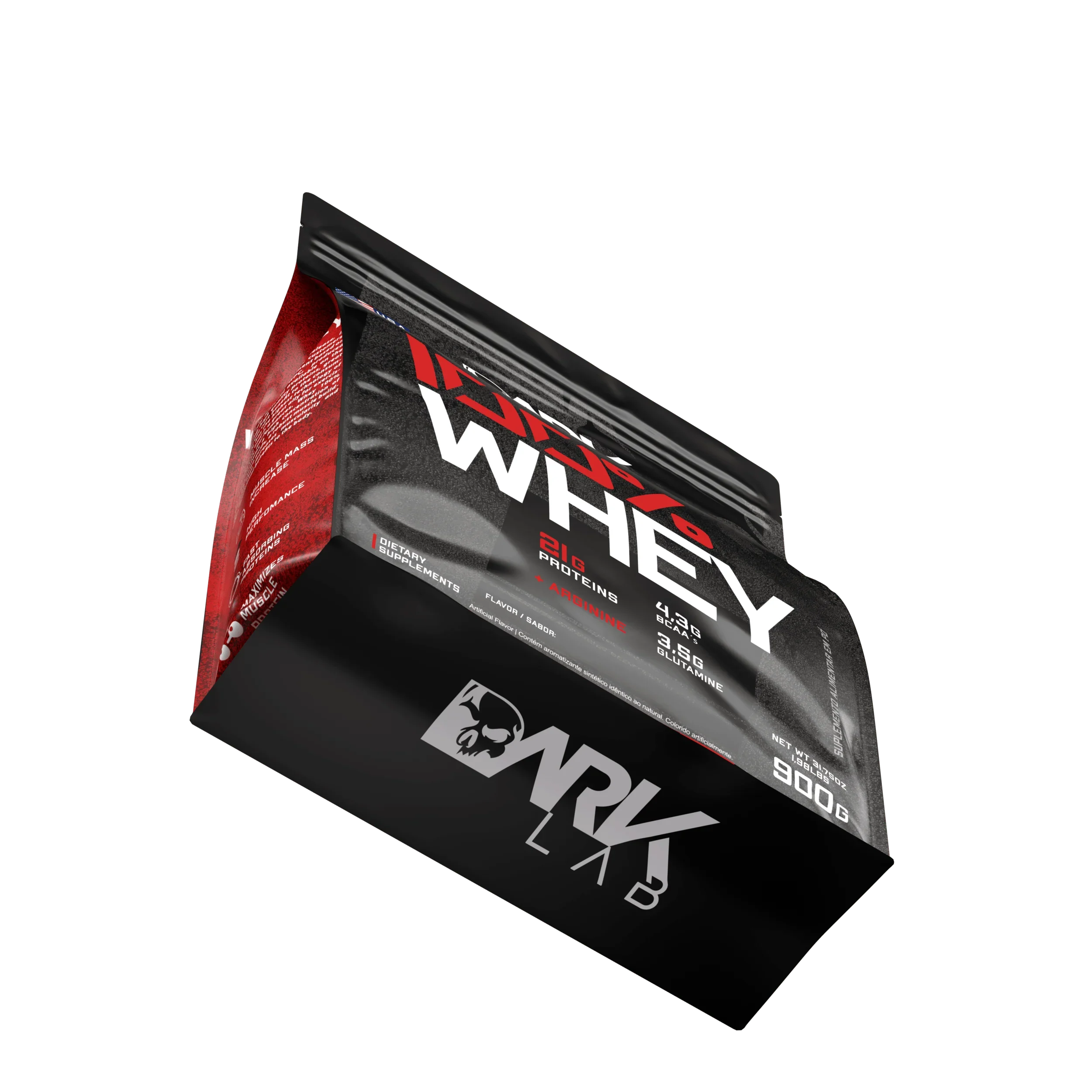 Embalagem refil de whey 100% da Dark Lab com vista para a parte inferior da embalagem que contém a logo da Dark Lab