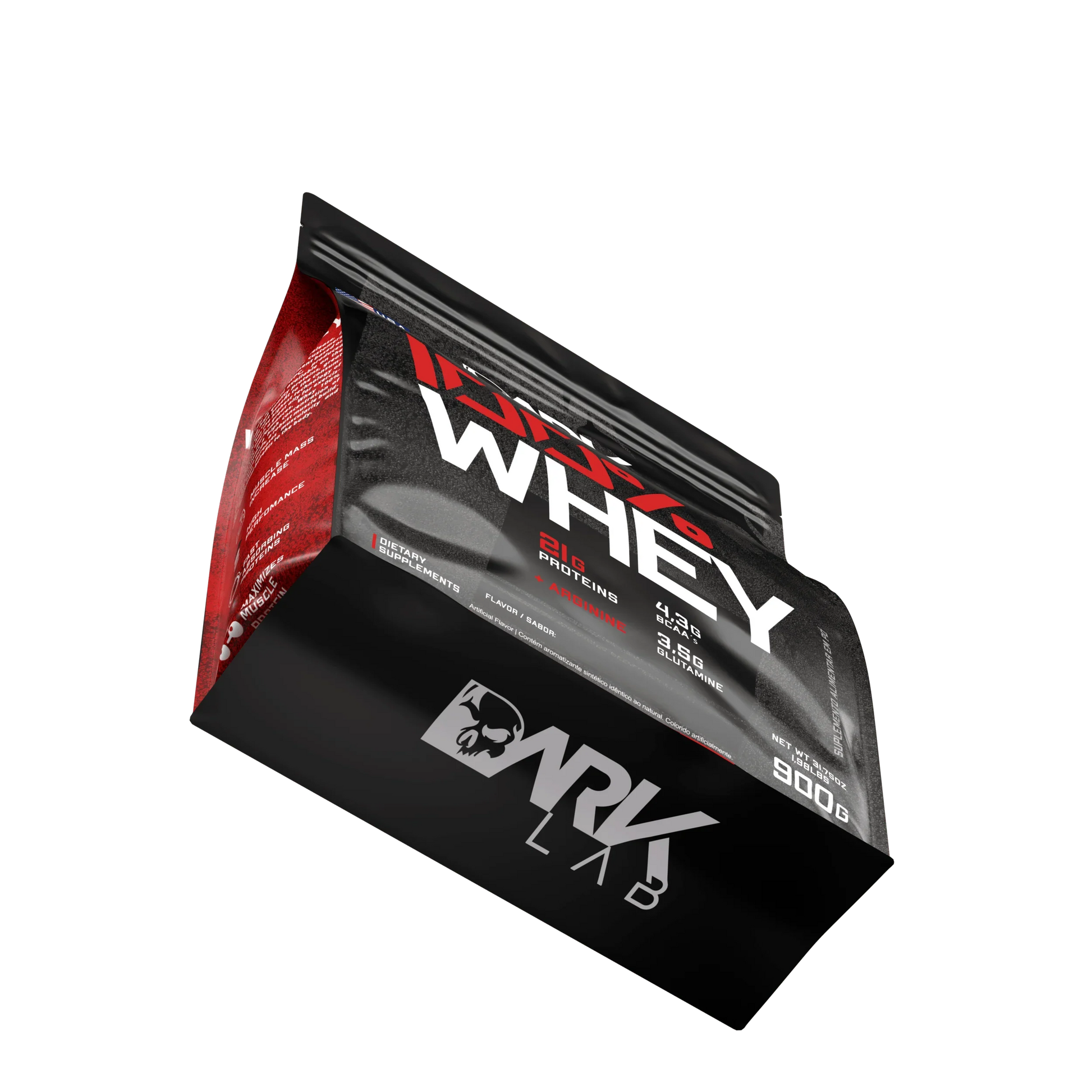 Embalagem refil de whey 100% da Dark Lab com vista para a parte inferior da embalagem que contém a logo da Dark Lab