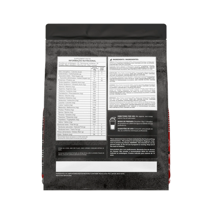 Parte de trás da embalagem refil de whey protein 100% da Dark Lab com as informações nutricionais do produto.