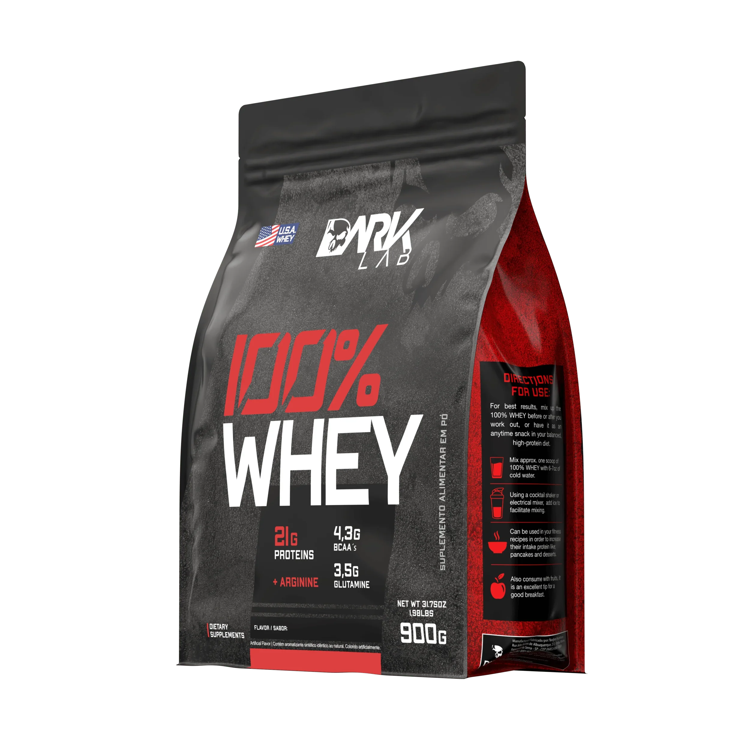 Embalagem refil de whey protein da Dark Lab levemente inclinada mostrando o modo de consumo do whey protein