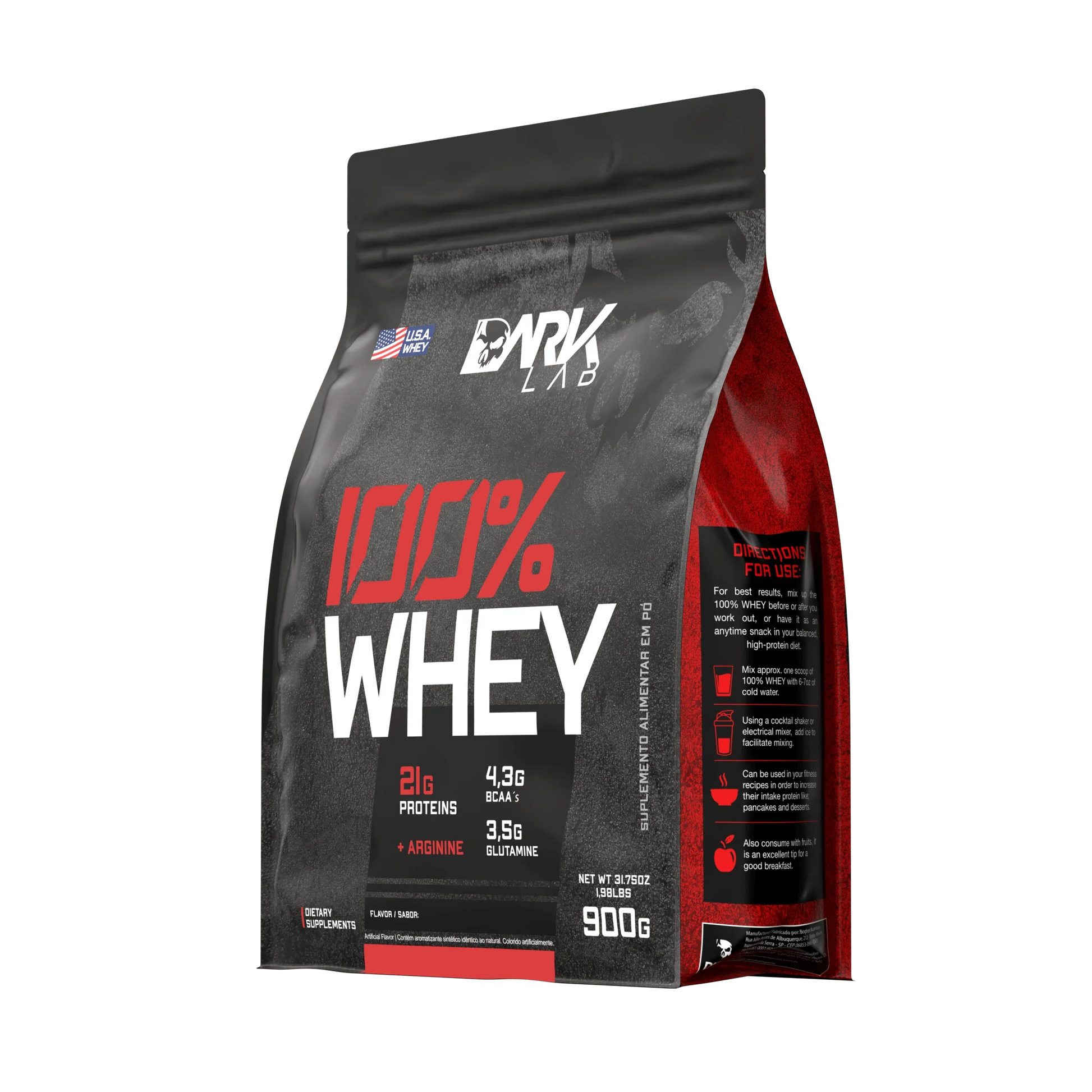 Embalagem refil de whey protein da Dark Lab levemente inclinada mostrando o modo de consumo do whey protein
