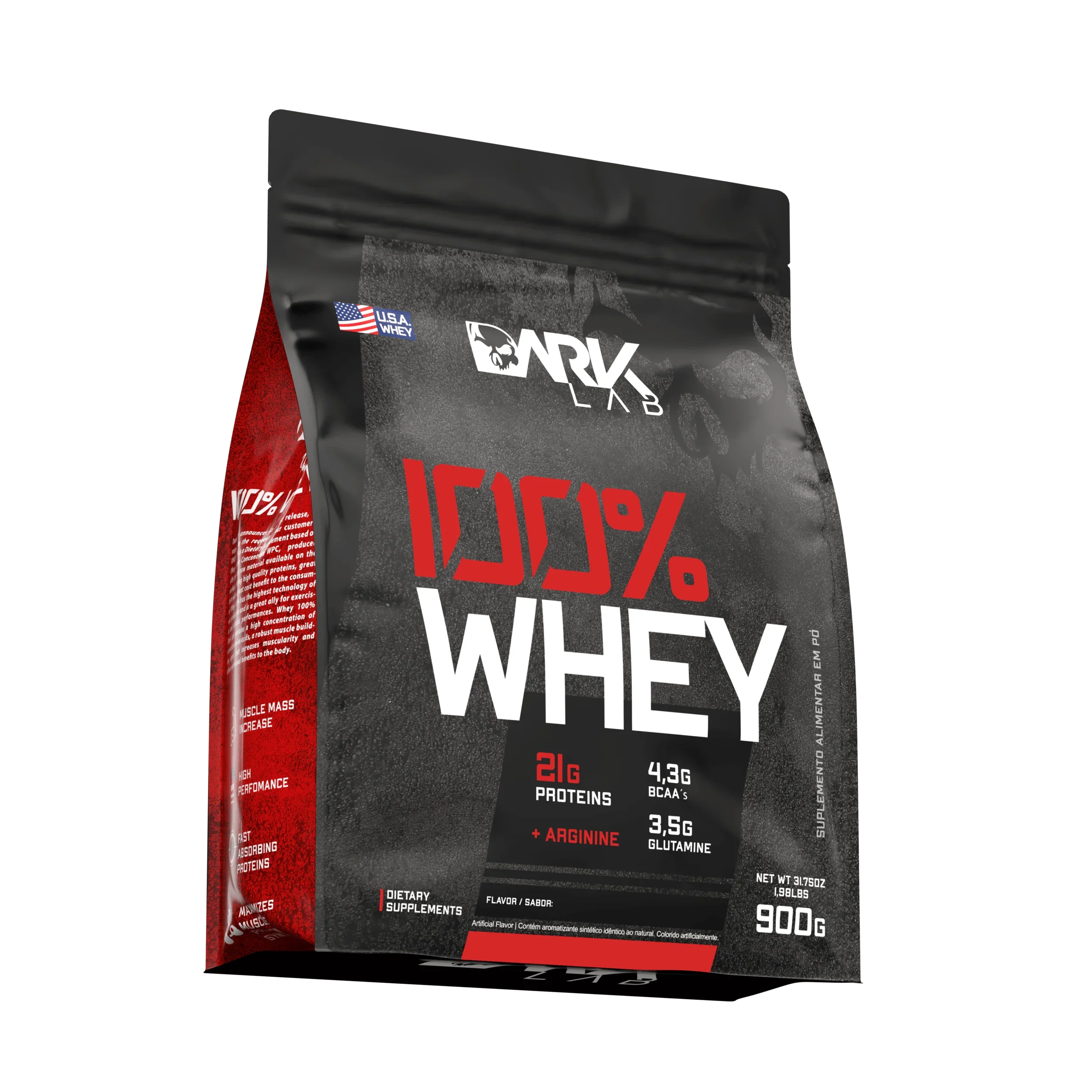 embalagem do refil 900g do whey protein da marca Dark Lab levemente inclinada mostrando a parte lateral do produto.