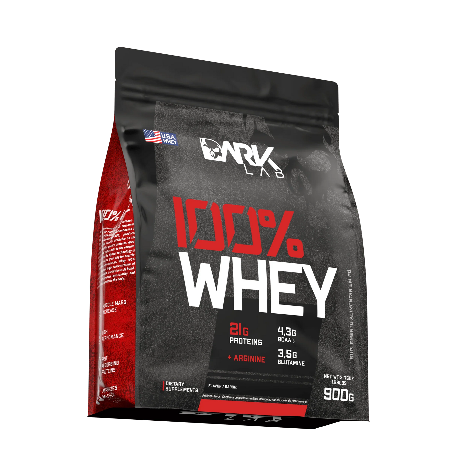 embalagem do refil 900g do whey protein da marca Dark Lab levemente inclinada mostrando a parte lateral do produto.