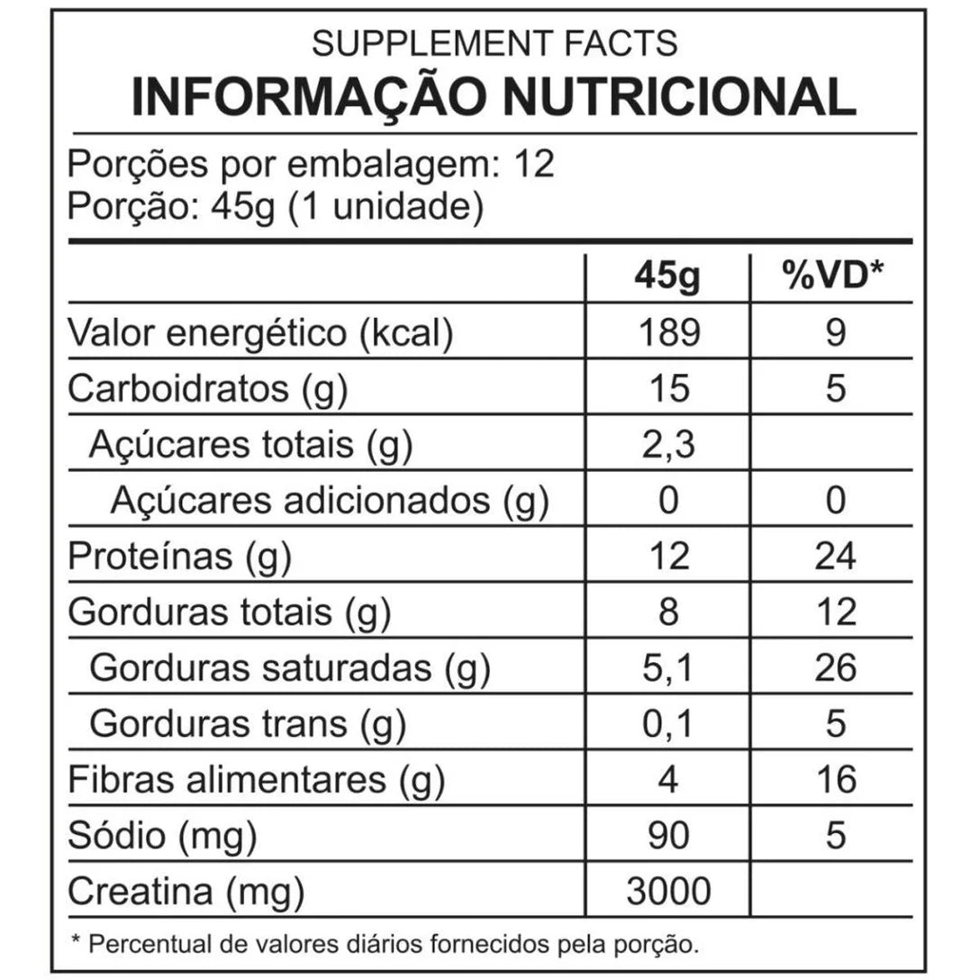 Tabela de informações nutricionais das barrinhas de proteína com creatina Dark Lab 