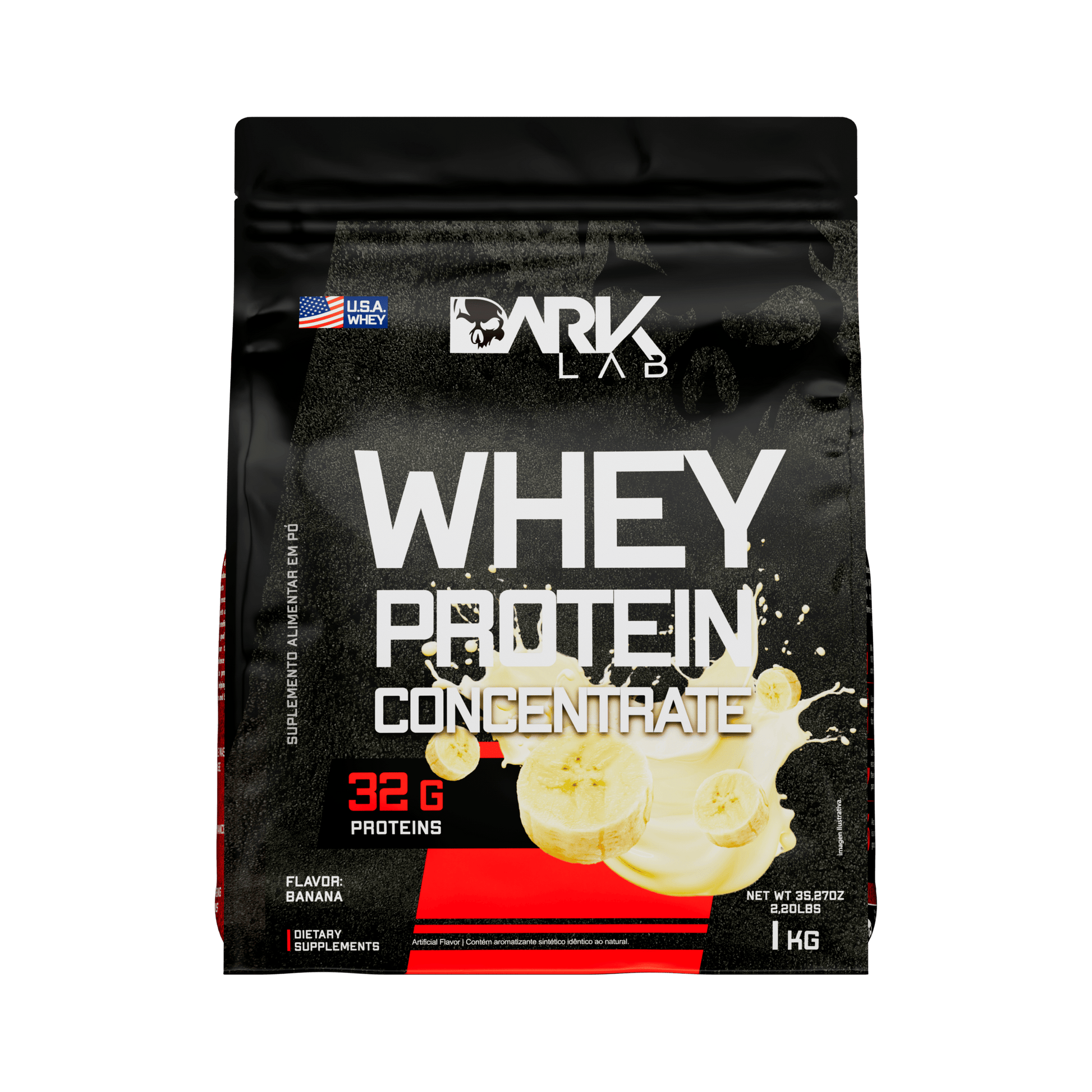 Embalagem de 1kg de whey protein concentrado da marca Dark Lab no sabor banana