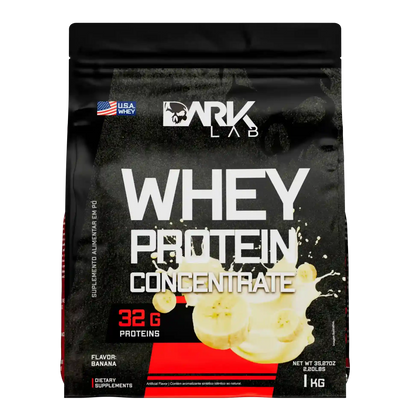 Embalagem de 1kg de whey protein concentrado da marca Dark Lab no sabor banana