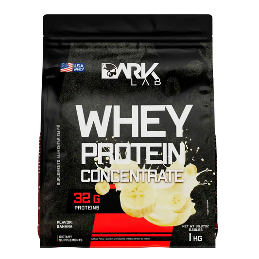 Embalagem de 1kg de whey protein concentrado da marca Dark Lab no sabor banana