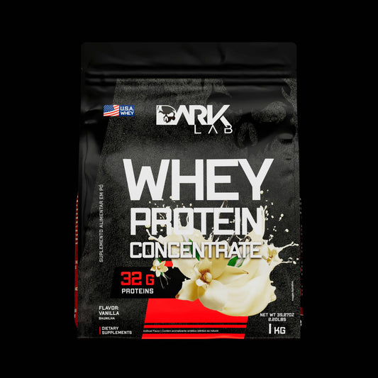 Embalagem de 1kg de whey protein concentrado da marca Dark Lab no sabor baunilha