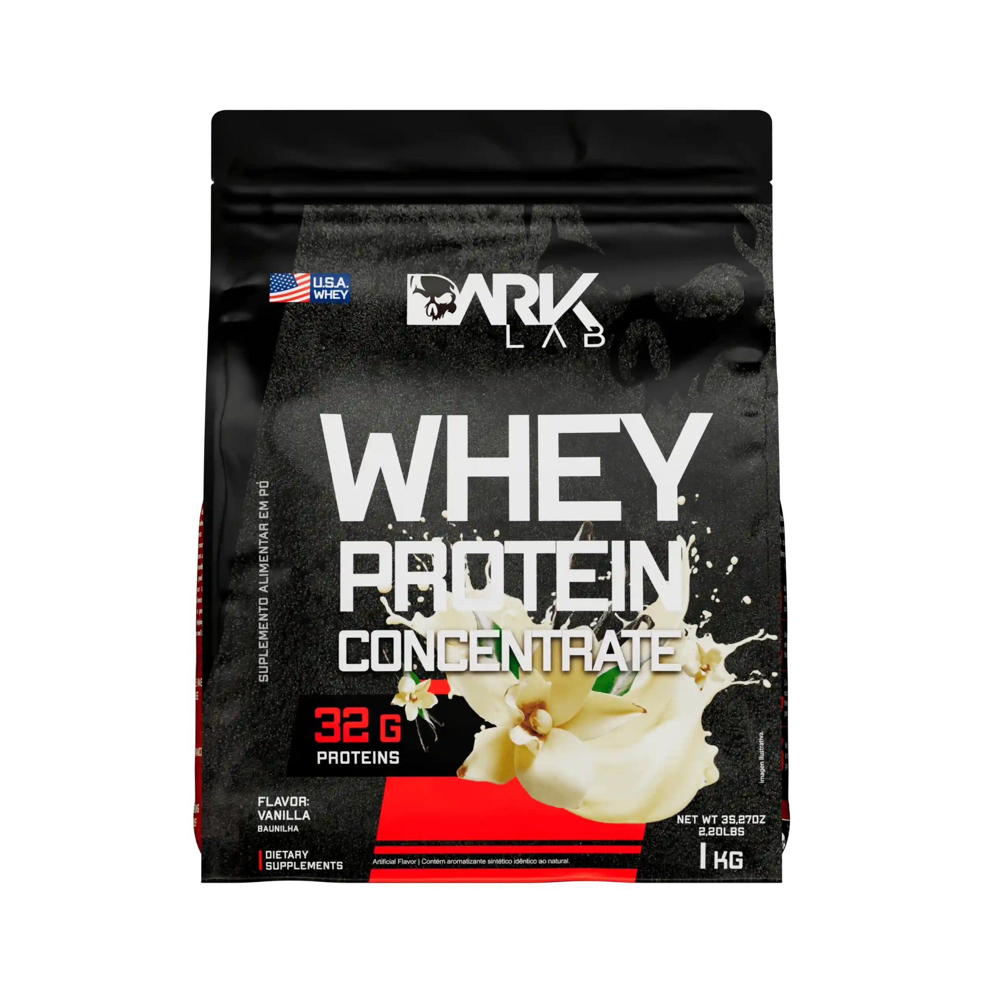 Embalagem de 1kg de whey protein concentrado da marca Dark Lab com informações nutricionais do sabor baunilha