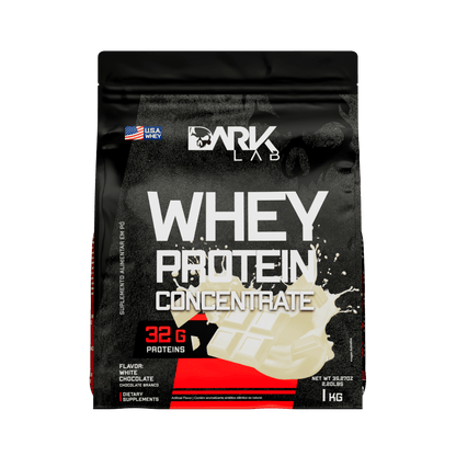 Embalagem de 1kg de whey protein concentrado da marca Dark Lab no sabor chocolate branco