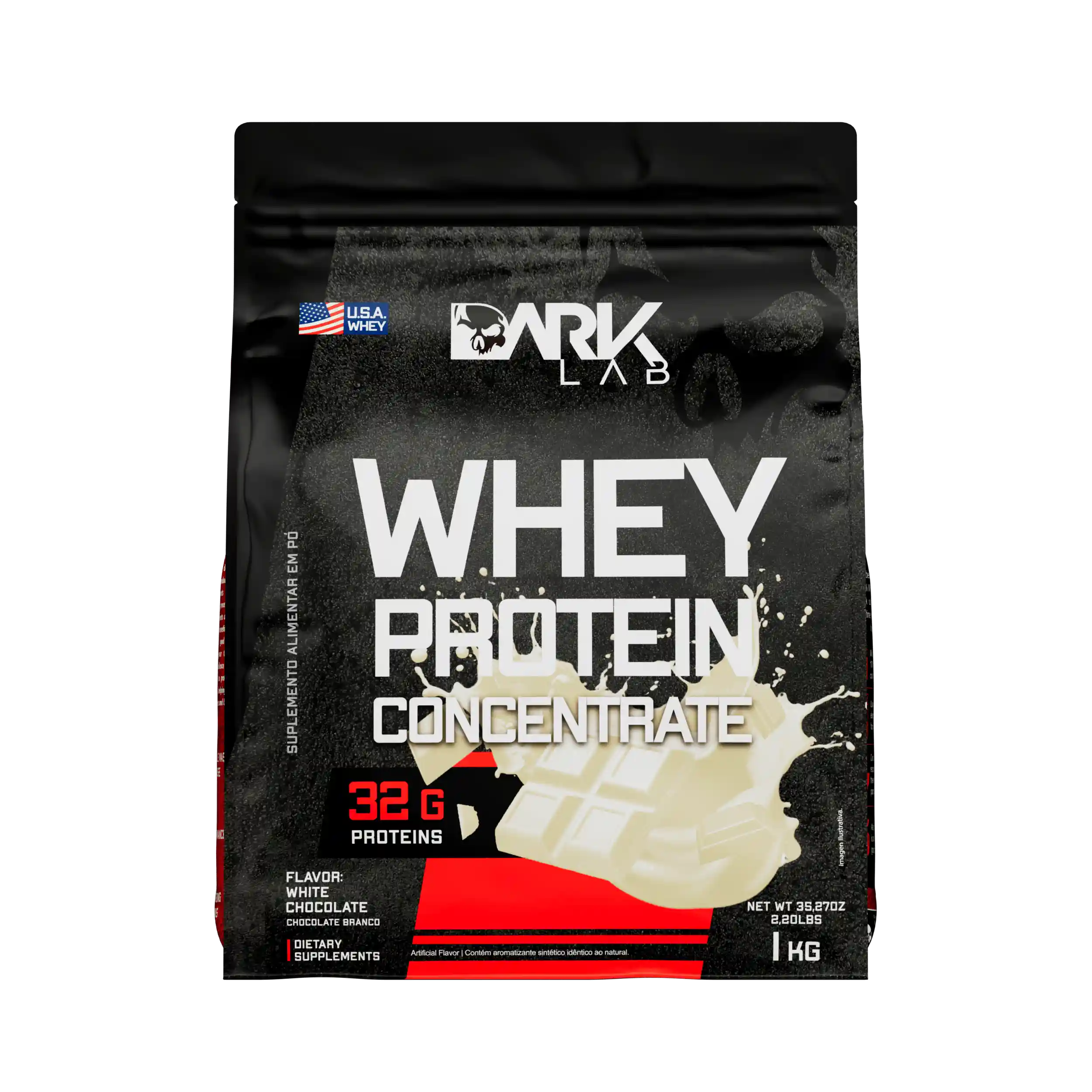 Embalagem de 1kg de whey protein concentrado da marca Dark Lab com informações nutricionais do sabor chocolate branco
