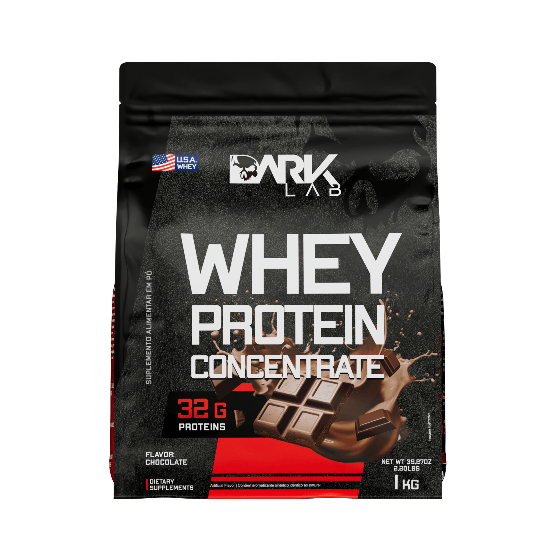 Embalagem de 1kg de whey protein concentrado da marca Dark Lab no sabor chocolate