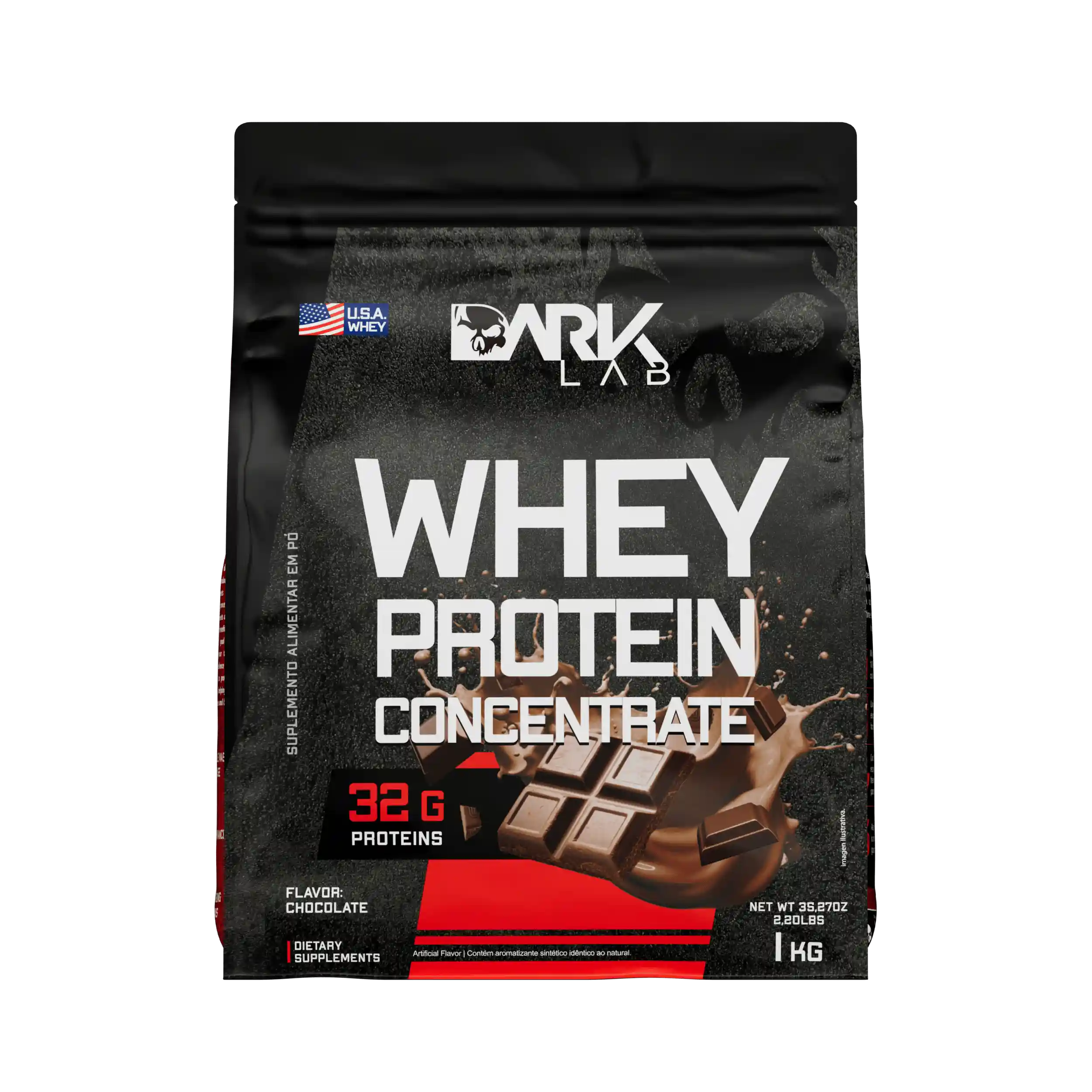 Embalagem de 1kg de whey protein concentrado da marca Dark Lab com informações nutricionais do sabor chocolate