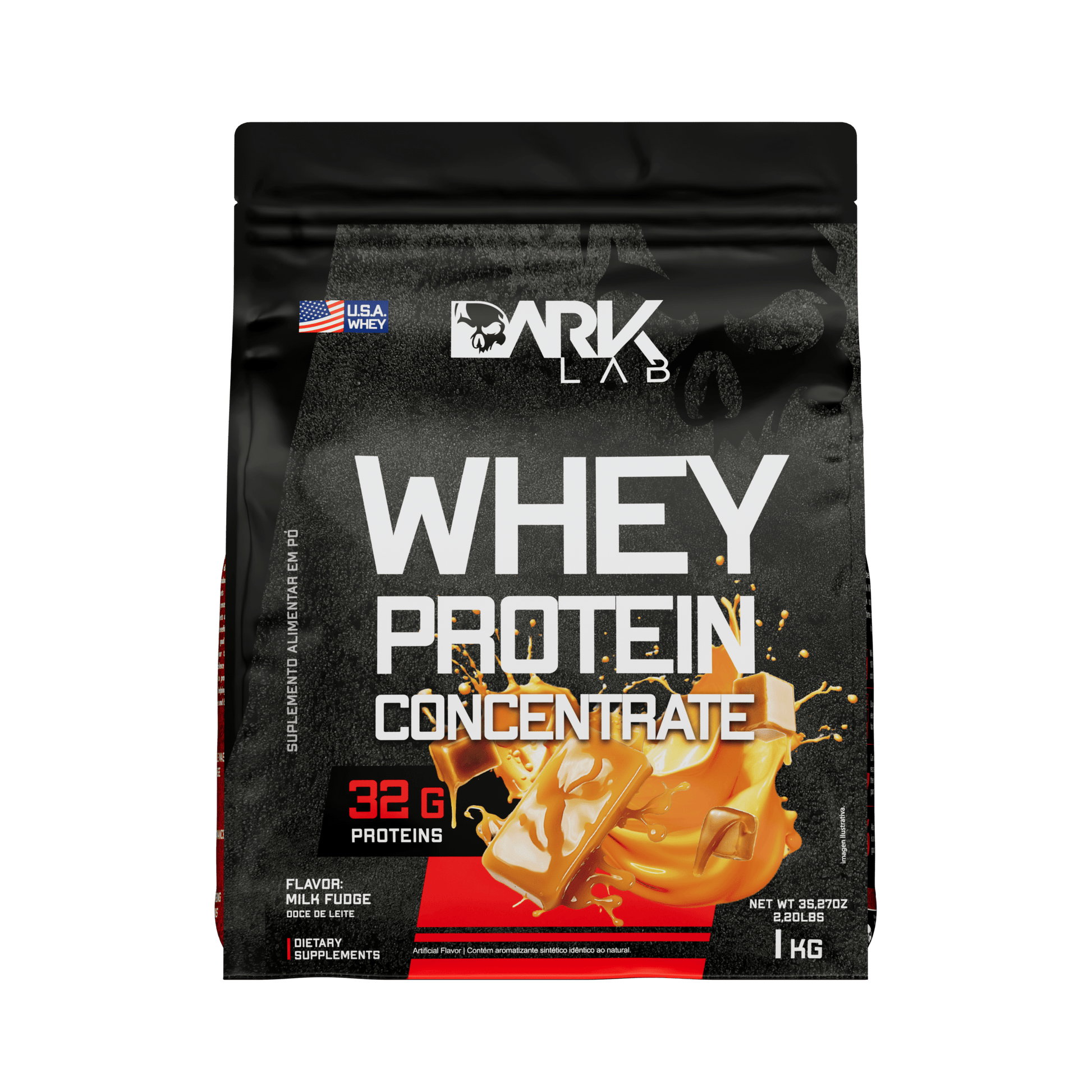 Embalagem de 1kg de whey protein concentrado da marca Dark Lab no sabor doce de leite