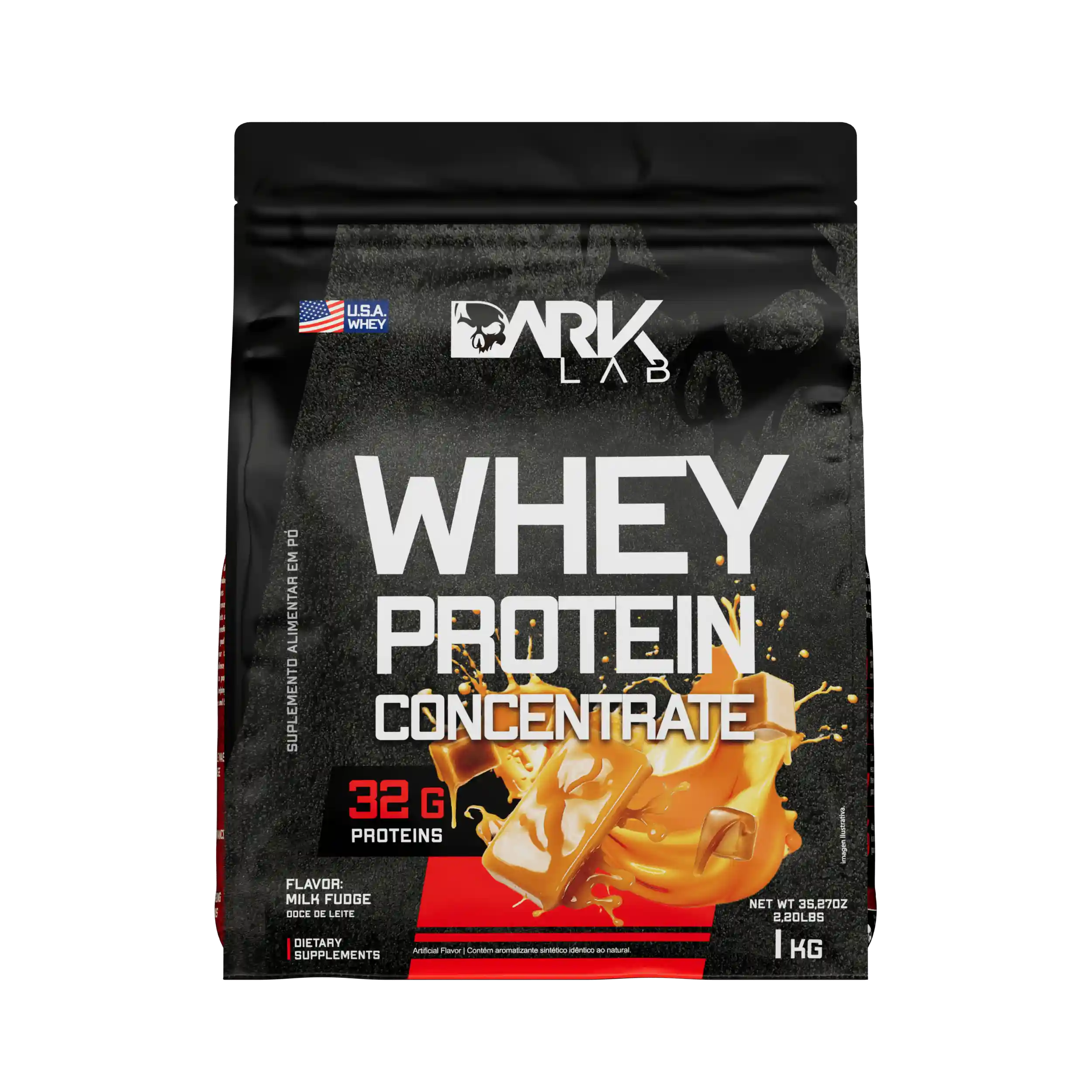 Embalagem de 1kg de whey protein concentrado da marca Dark Lab no sabor doce de leite