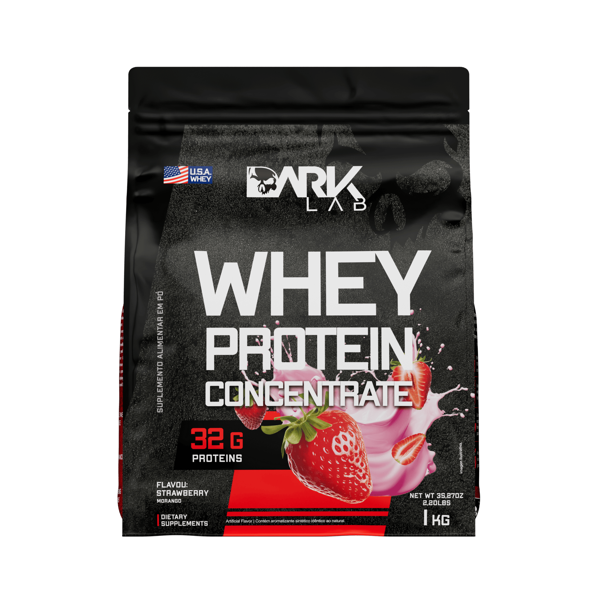 Embalagem de 1kg de whey protein concentrado da marca Dark Lab no sabor morango