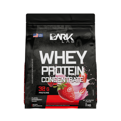 Embalagem de 1kg de whey protein concentrado da marca Dark Lab no sabor morango