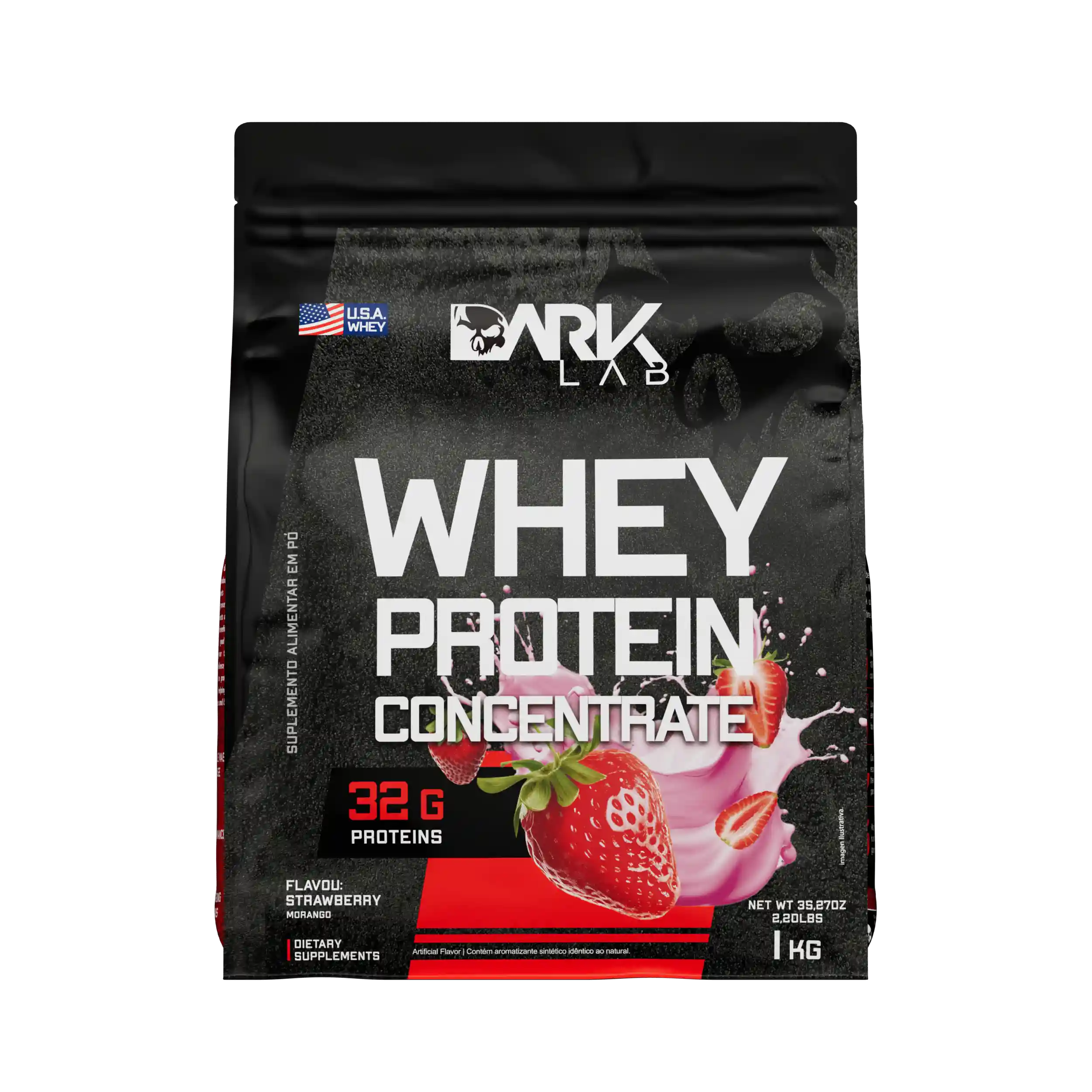 Embalagem de 1kg de whey protein concentrado da marca Dark Lab no sabor morango