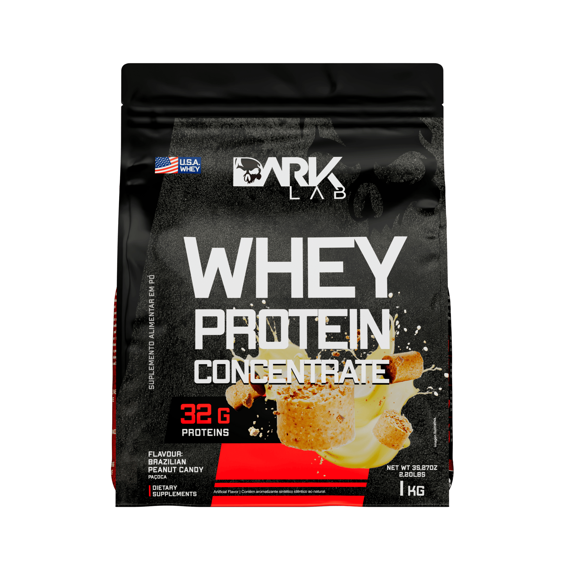 Embalagem de 1kg de whey protein concentrado da marca Dark Lab no sabor paçoca