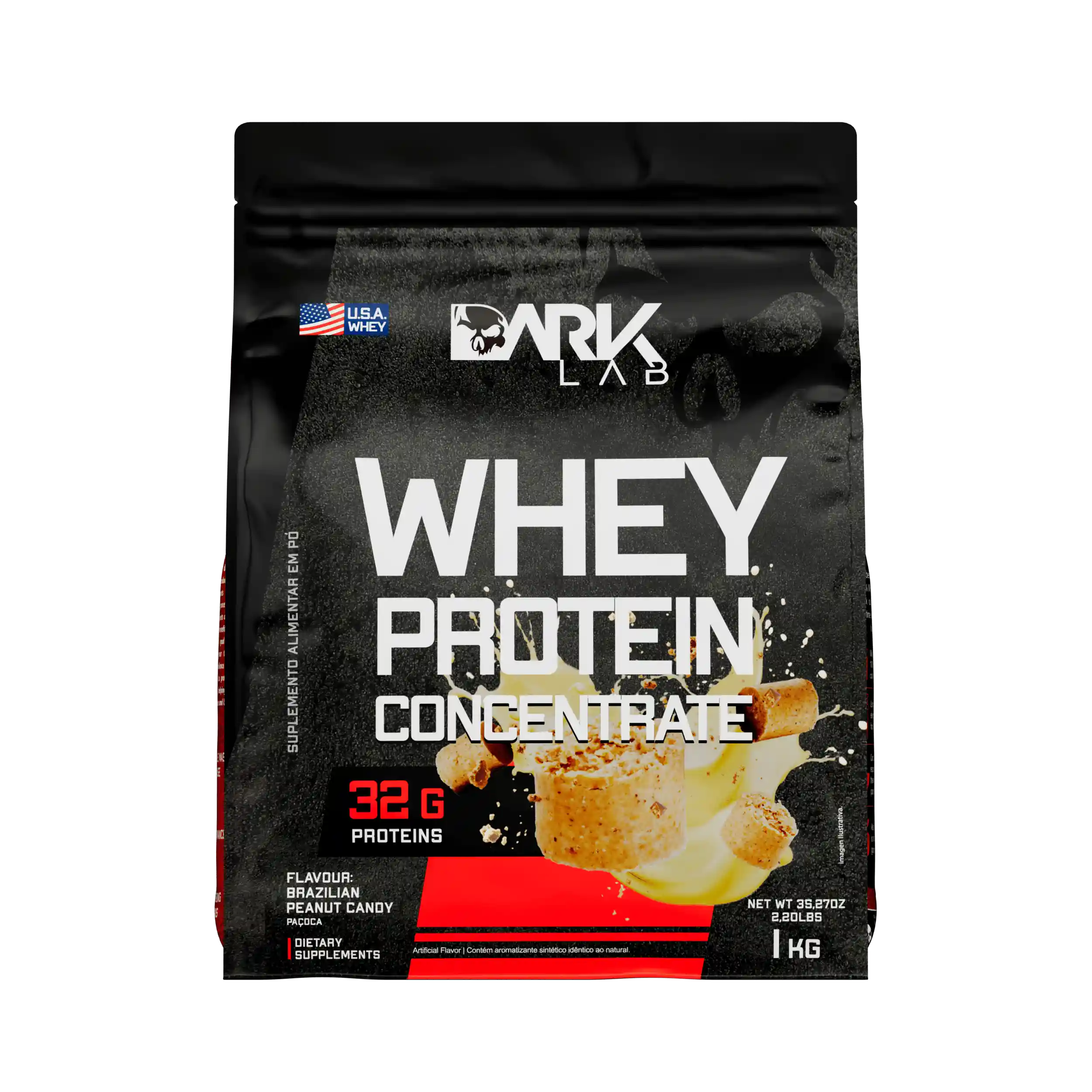 Embalagem de 1kg de whey protein concentrado da marca Dark Lab no sabor paçoca